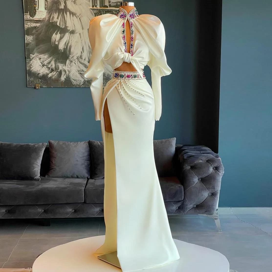 New Arrival Elegant Two Piece Prom Dresses Long Sleeves High Split Crystals Women Formal Evening Pageant Gowns Plus Size Custom