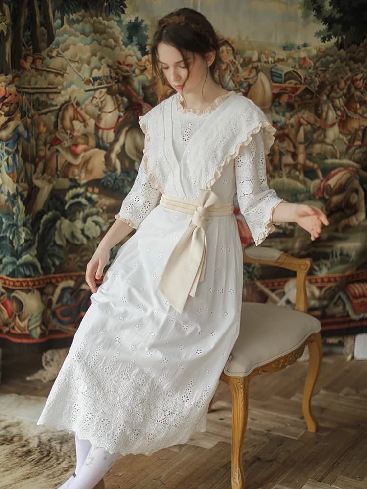 84-92cm Bust Spring Summer Dresses Women Victoria Vintage Elegant Slim Mid Dress Hollow Out Embroidery Cotton Long White Dress