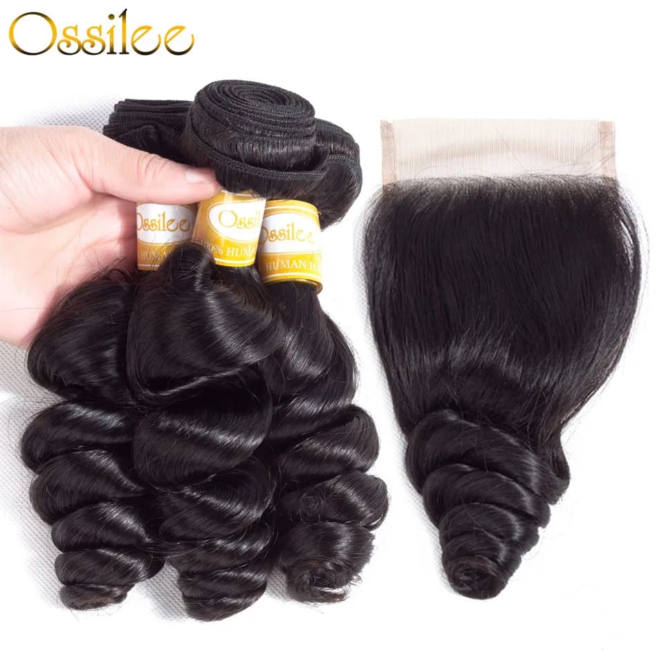Ossilee Peruvian Hair Bundles With Closure Loose Wave Bundles With Closure Remy Human Hair 3/4 Bundles With Closure