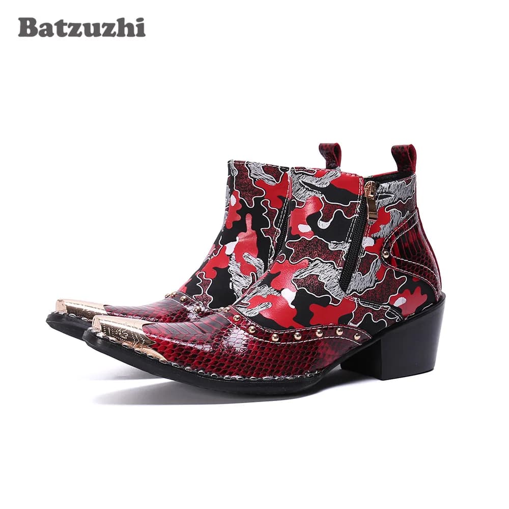 Batzuzhi 6.5cm Heels botas hombre Fashion Men Boots Pointed Iron Toe Punk Color Leather Boots Men Party and Wedding Footwear, 46