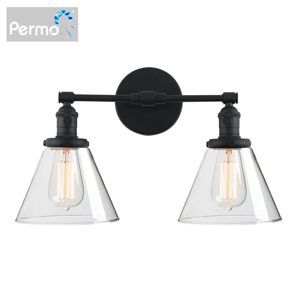 permo Double Sconce Light Industrial Wall Light with Dual 7.3 Inch Cone Clear Glass Lampshade