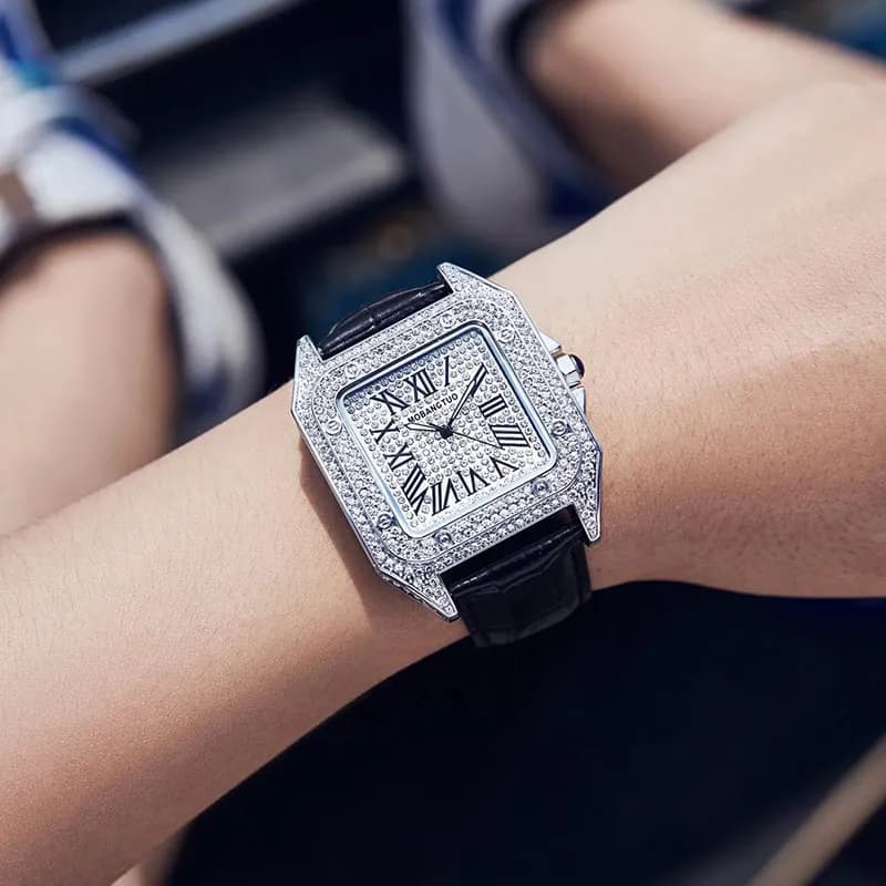 Silver Top Brand Luxury Watch Women Quartz Waterproof Fully Diamond Ladies Watch Square Couple Watches With Rhinestone