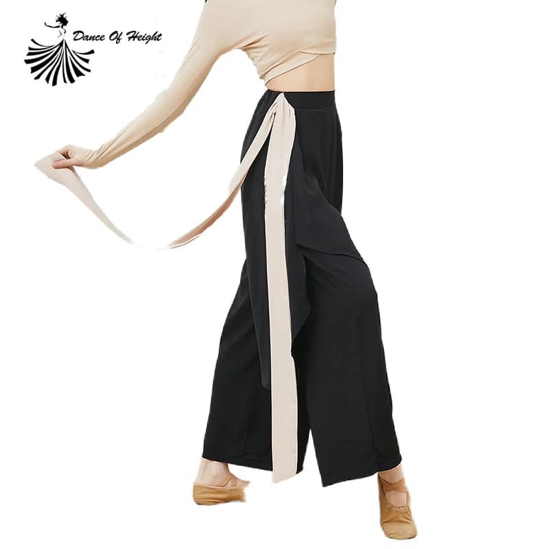 Classical Dance Pant Long Belt Women Chinese Folk Dance Fake 2 Piece Skirt Fairy Loose Flowy Dancer Basic Wear Contrast Color XL