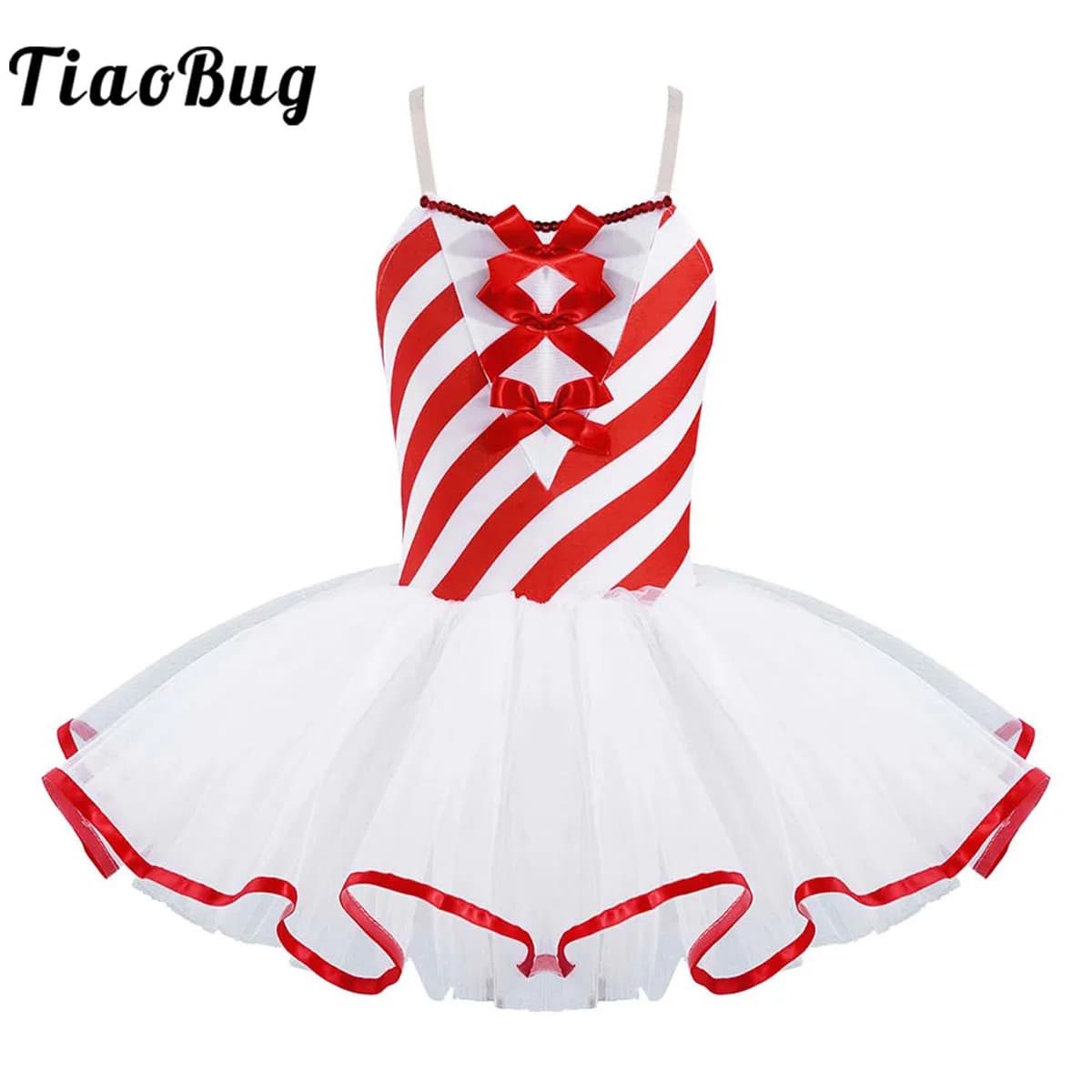 Candy Cane Striped Ballet Tutu Dance Dress for Girls Sequins Bowknot Adorned Christmas Costume Skating Dance Performance Dress