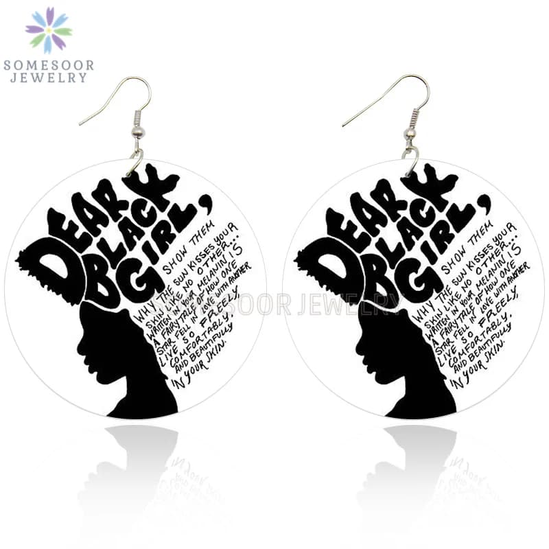 SOMESOOR Dear Black Girl African Woman Wooden Earrings With AFRO Natural Hair Power Words Sayings Printing Drop Earring Jewelry