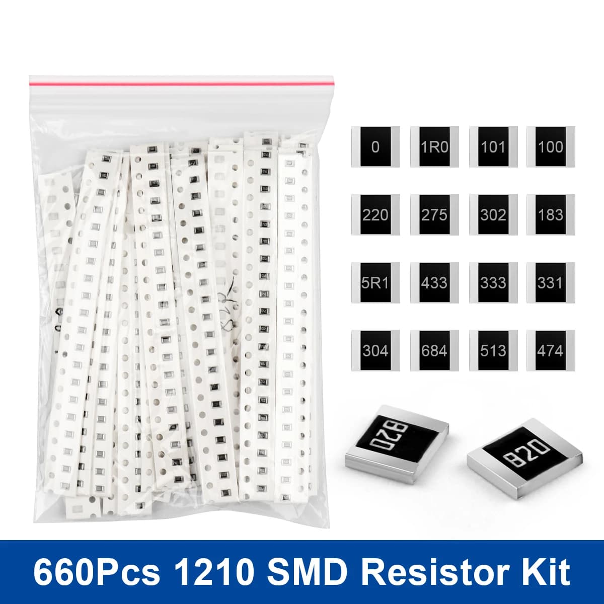 660Pcs/lot 1210 SMD Resistor Kit Assorted Kit 1ohm-1M ohm 5% 33Values 1R 3R3 5R1 10R 22R 47R  62R 82R 100R 150R 330R 1M