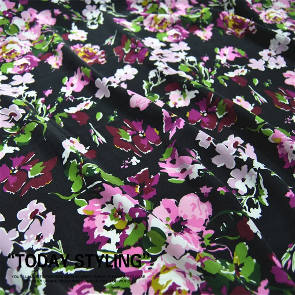 Light Sandwashed Black Floral Design Soft Feeling Silk Crepe De Chine Fabric with Great Material for Christmas Dress Present