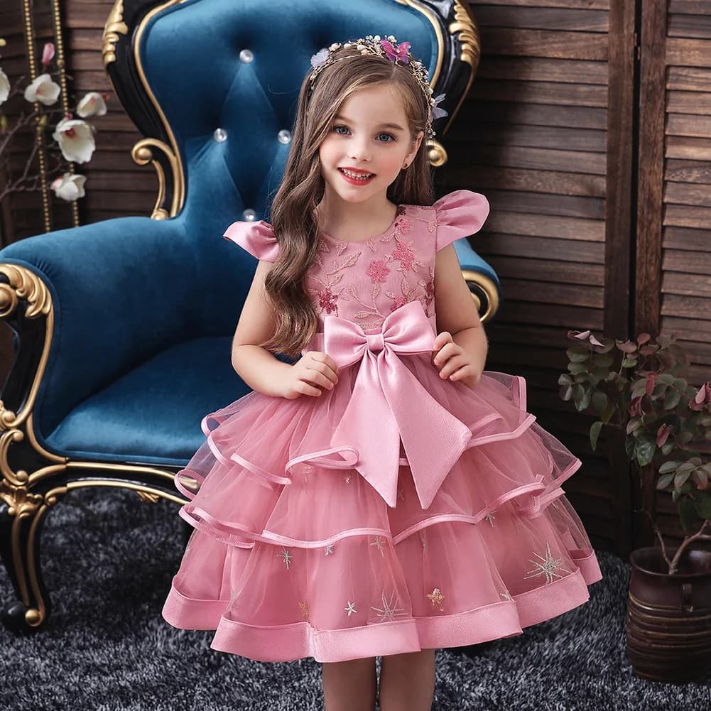 Embroidery Cake Tutu Dress for Children Girl Princess Formal Dresses Flower Kids Wedding Evening Prom Gown Girls Christmas Party
