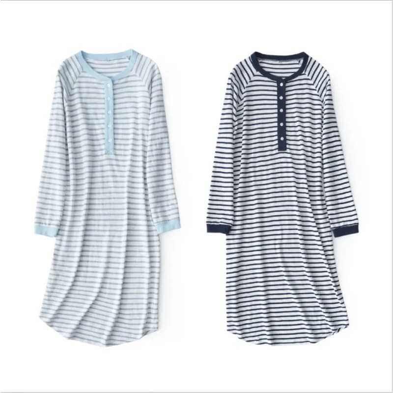 Spring Female Casual Striped Nightgown Ladies Soft 100% Cotton sleepshirt Women Long Sleeve Round collar sleepwear dress