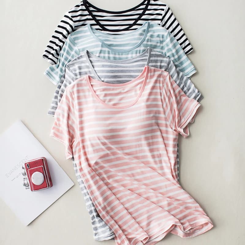 Built in Bra Sleep Shirts Women Loose fit Short Sleeve Striped Modal Sleep Wear Summer Padded Bra Breathable Lounge Lingerie