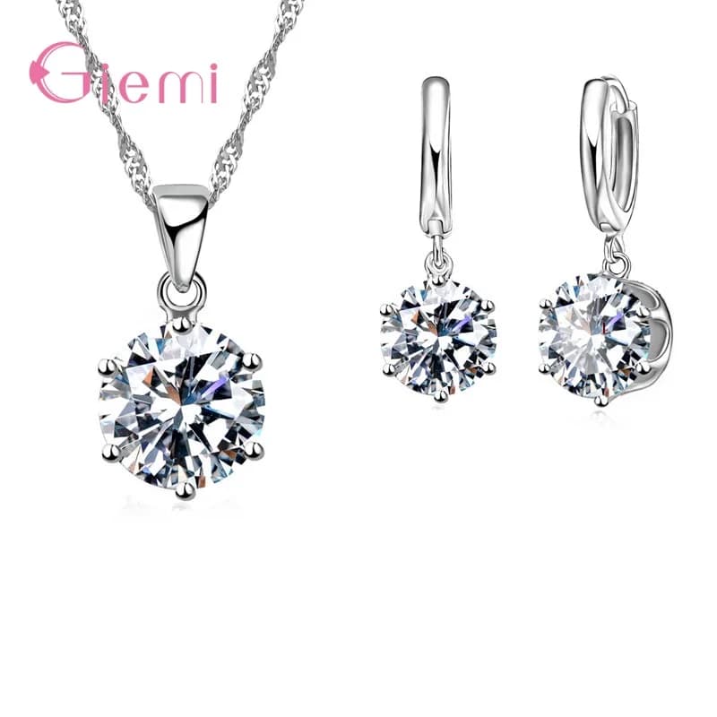 New 925 Sterling Silver Trendy Crystal Pendant Necklace Earrings Jewelry Set For Women Anniversary Gift Fashion Jewelry