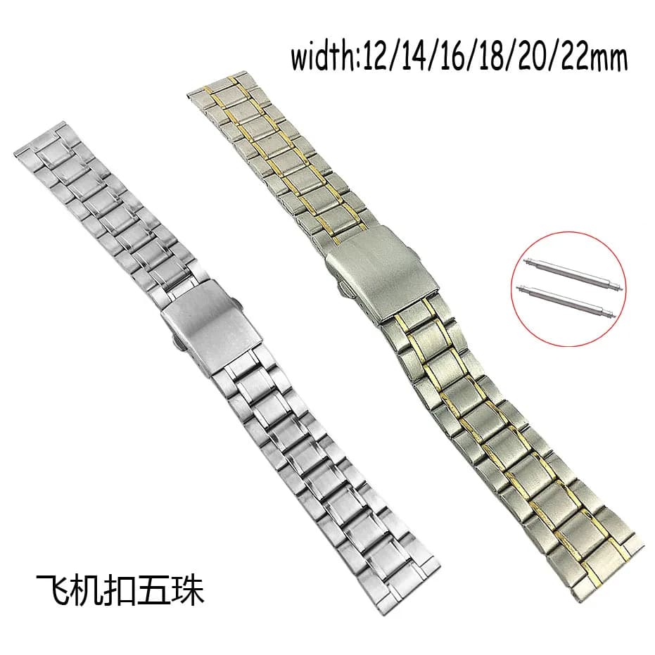 Replacement Watch Band 12 14 16 18 20 22mm Watch Strap Flat Buckle Stainless Steel Wristband 5rows Bracelet Belt with Pins