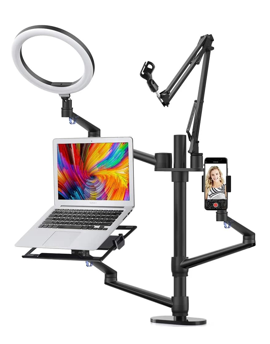 Desktop Live Stand Set 6-in-1 10" LED Ring Light Microphone Mount Compatible with 12-17" laptop/17-32'' monitor/7-13 Tablet/3.5-