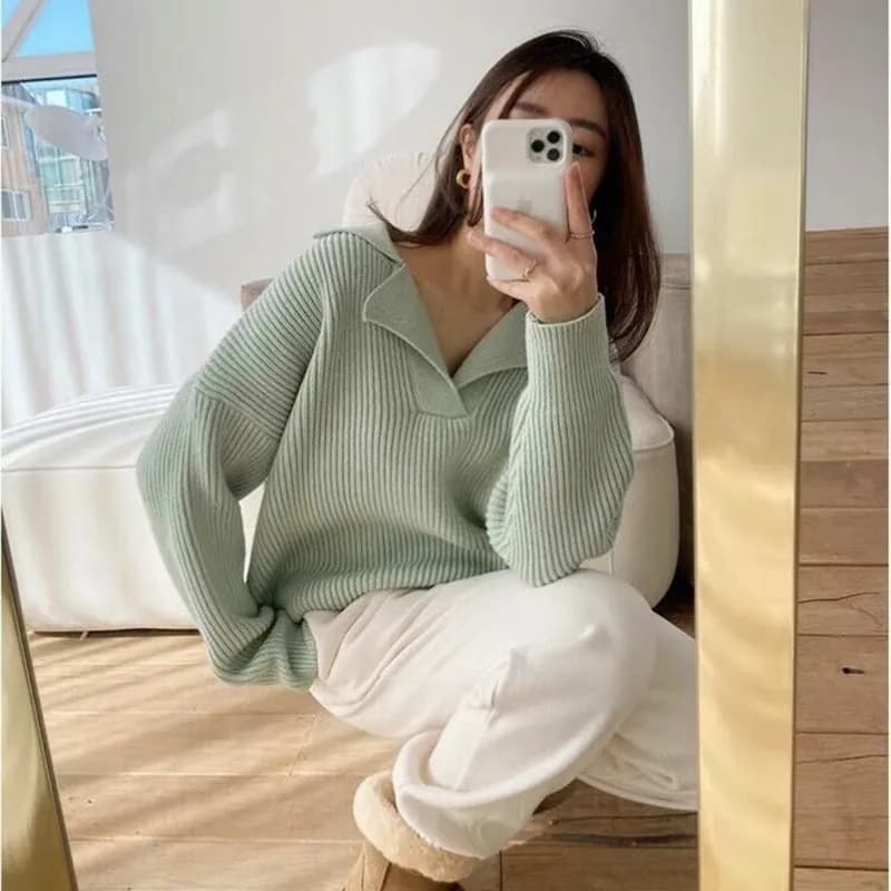 South Korea’s new female sweater autumn half-open V-lapel pullover Korean version of long-sleeved wearing loose sweater