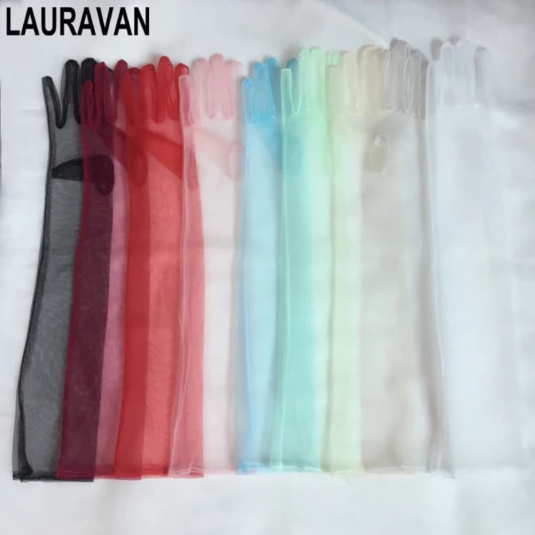 Bride Wedding accessories 55cm sheer Gloves ivory black red pink long Design tulle Transparent Women Gloves 2020 Summer Women