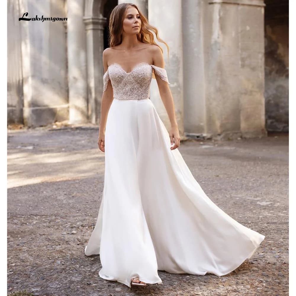 suknie weselne Newest Two Pieces High Split Off The Shoulder Wedding Dresses With Back Buttons vestidos de mujer boda Customized
