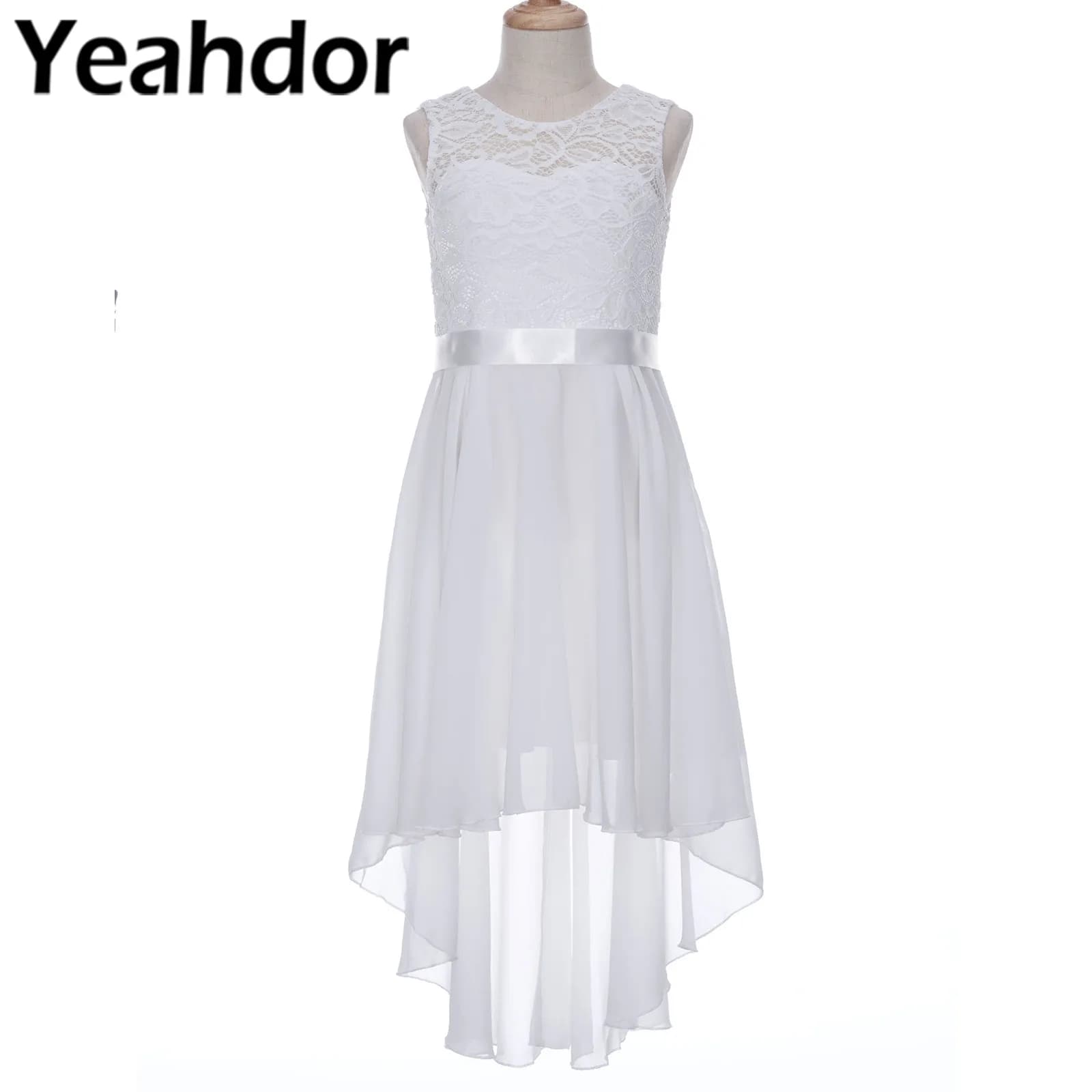 White Flower Girl Dress Lace Floral High Low Chiffon Princess Dress Kids Dresses for Girls First Communion Party Wedding Costume