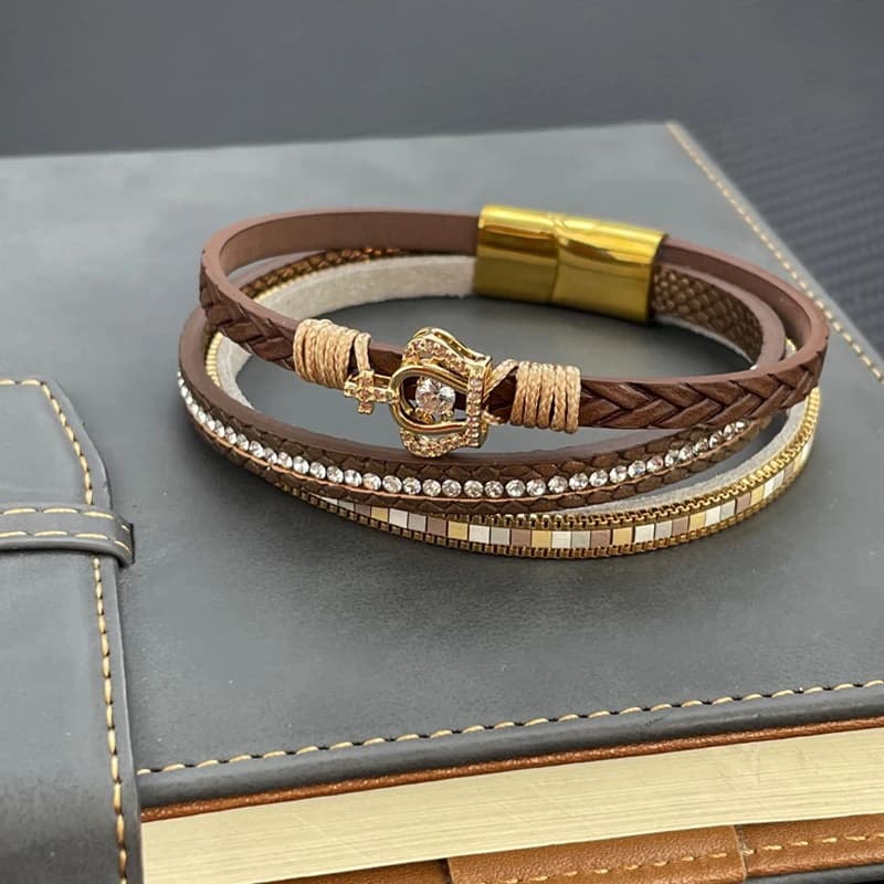 Glamorous Crown Set Zircon Fashion Women Bracelet Braided Leather Stainless Steel Magnetic Clasp Bracelets Female Jewelry Gift