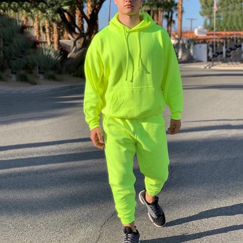 Neon Green Style Men's Fashion Tracksuit Solid 2 Pieces Long Sleeve Hoody+Loose Swearpants Casual Sportsuit Men 2024 Newest OMSJ