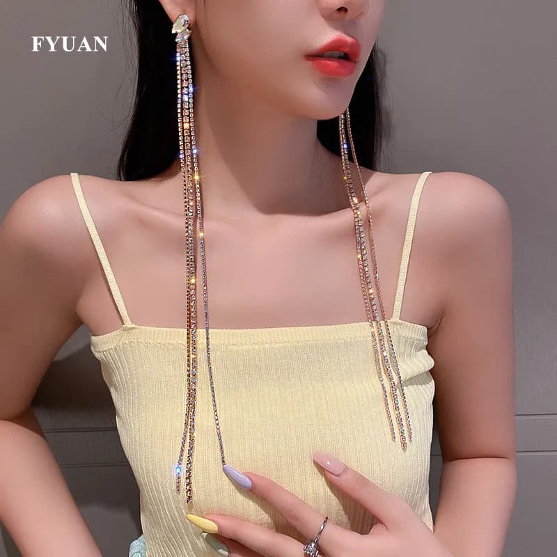 FYUAN Geometric Colorful Rhinestone Earrings for Women Oversize Long Tassel Crystal Dangle Earrings Statement Jewelry