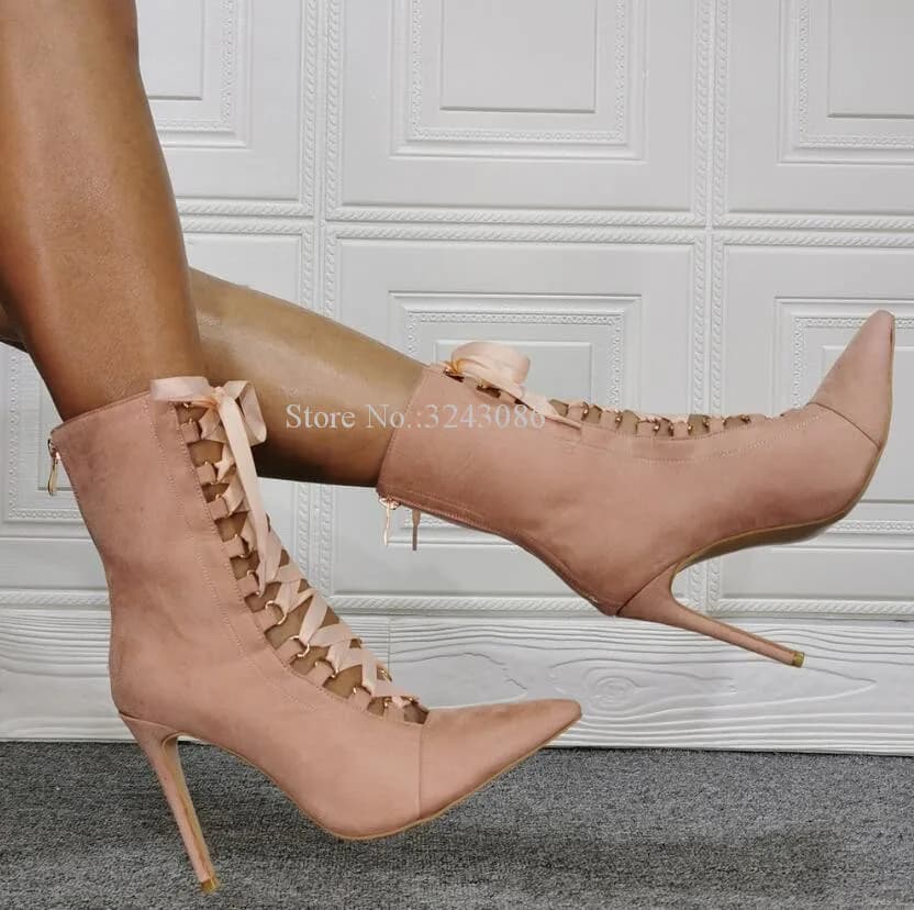 Pink Suede Lace-up Sandals Ankle Boots Women Fashion Pointed Toe Stiletto Heel Fashion Pumps Shoes Lady Real Photos Banquet Shoe