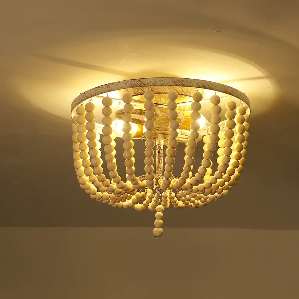 Retro White Ceiling Light for Bedroom Entrance Loft Homestay Indoor Lighting Vintage 2 Lights Wooden Bead Chandelier