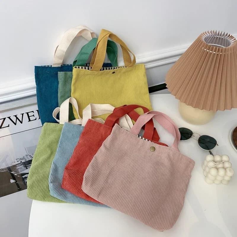 New Portable Retro Female Bag College Style Morandi Color Small Bag Hand-Carrying Cosmetic Bag Corduroy Lunch Bag Coin Purse