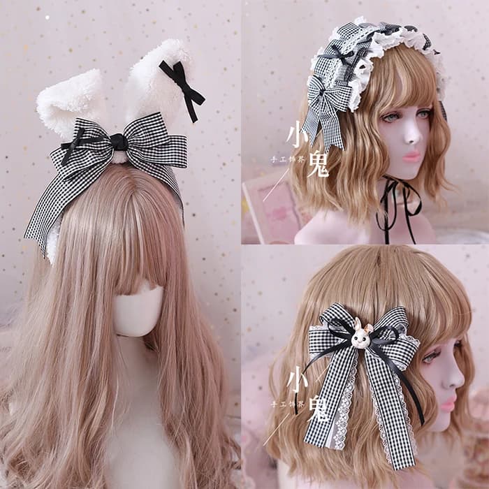 Lolita hair band Alice hand made small objects black and white grid hair with rabbit ears kc side clip sleeves
