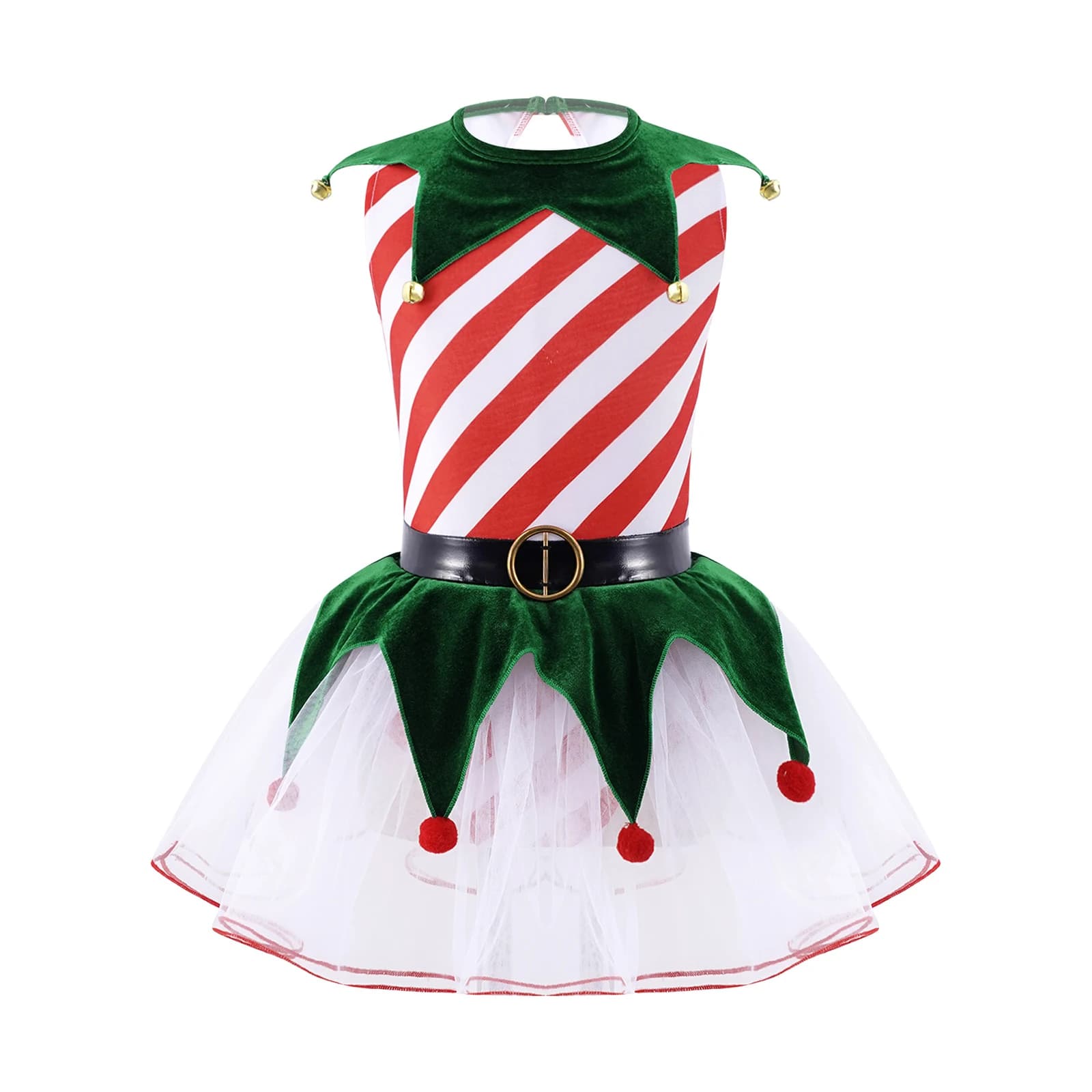 Kid Girl Christmas Costume Sleeveless Stripe Print Inverted Triangle Tailored Hem with Bells Pom Pom Mesh Patchwork Tutu Dress
