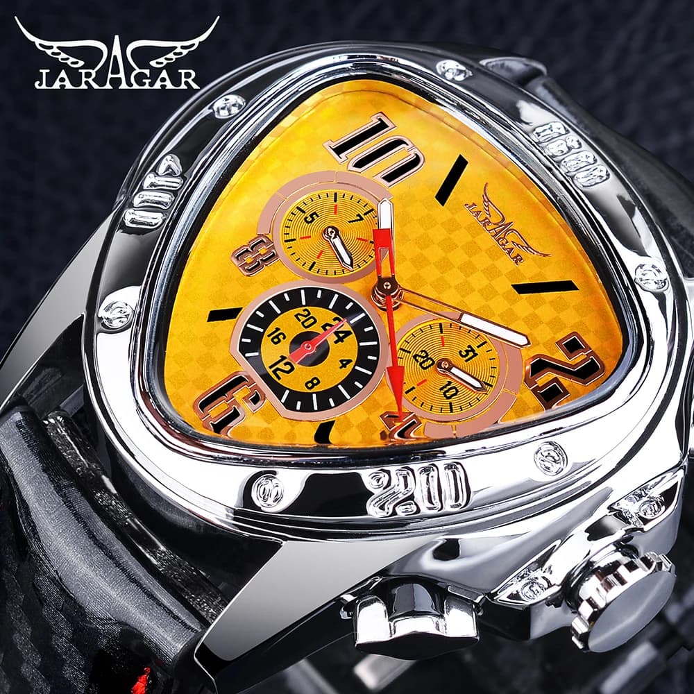 JARAGAR Triangle Mechanical Watch Men Leather Strap Watches Irregular Automatic Wristwatch 3 Dials Design With Luminous Pointers