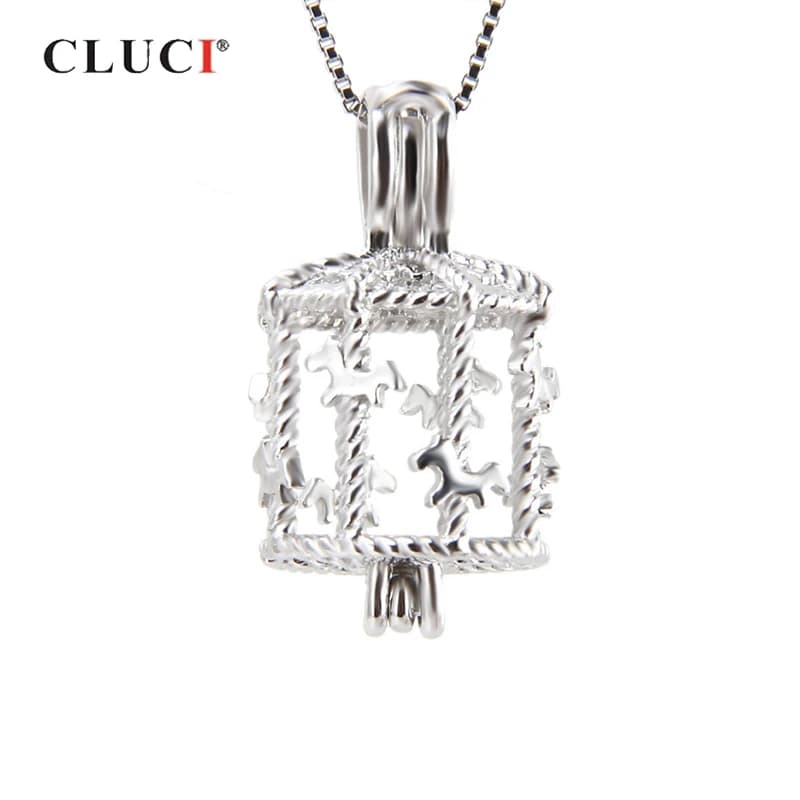 CLUCI Silver 925 Cute Carousel Cage Pearl Pendant 925 Sterling Silver Merry-go-round Charms Gift for Women Pearl Locket SC176SB