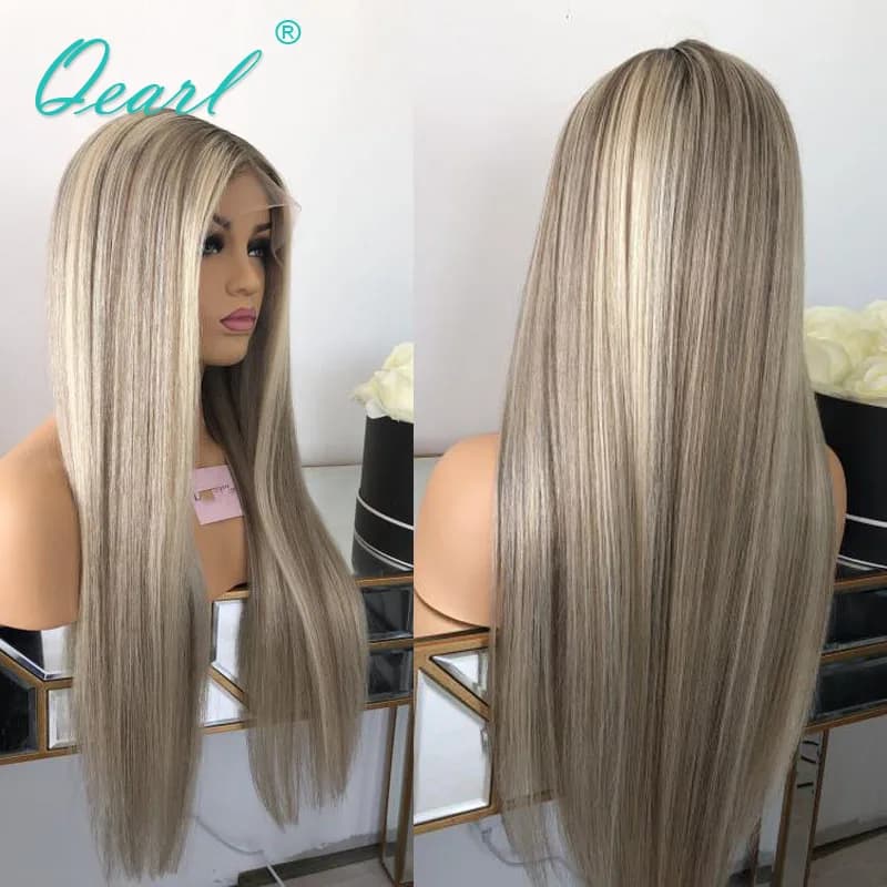 Transparent Full Lace Wig Human Hair for Women Ash Blonde Highlights Lace Wigs Bone Straight Natural Real Lace Frontal Wig Qearl