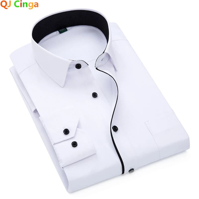 Black and White Patchwork Long Sleeve Shirt Men's, Business Office Cotton Shirt, Sky Blue Slim Fit Camisa/Chemise S-5XL