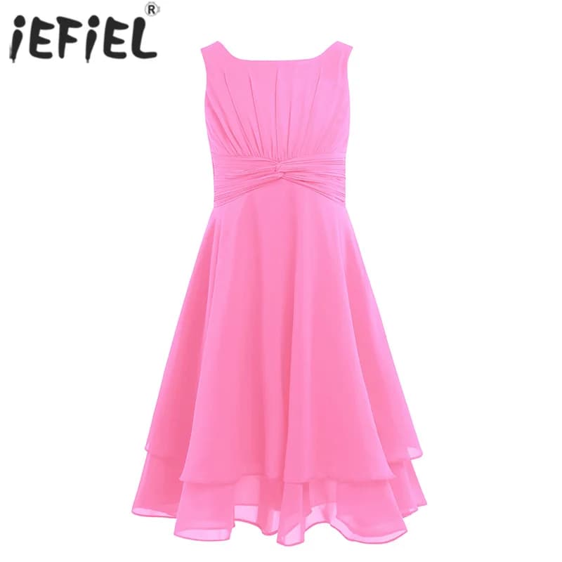 Girl's Knotted Waist Chiffon Flower Girl Dress Princess Children Knee Length Pageant Wedding Bridesmaid Birthday Party Dress