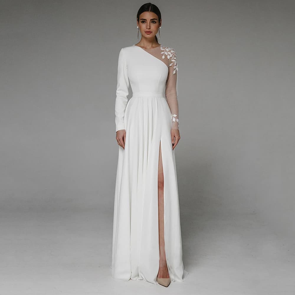 Asymmetrical Side Slit Wedding Dress Long Sleeve Civil Bridal Gown Party For Bride Button Applique Floor Length Свадебное платье