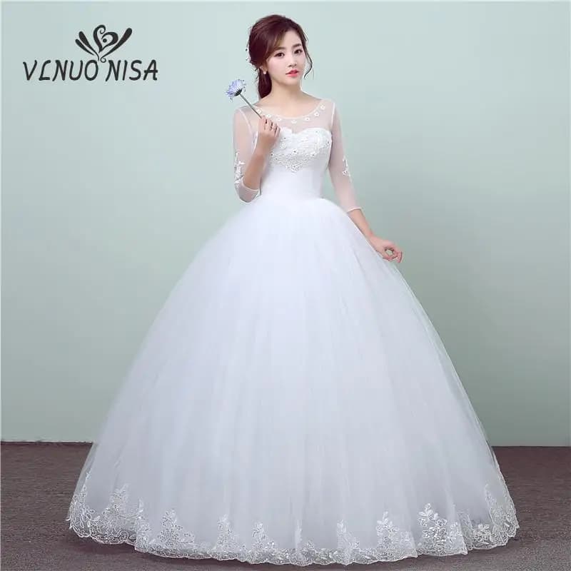 New Fashion Simple Lace Three Quarter Sleeve Wedding Dress Sweet Elegant Floral Print Vestido De Noiva Bride Gown Cheap in China