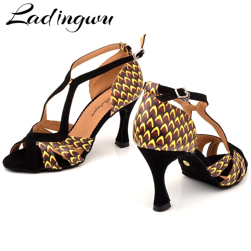 Ladingwu Dance Shoes Ballroom Africa Printed Leather Latin Dance Shoes Women Profession Salsa Dance Shoes  Dance Sandals 9cm