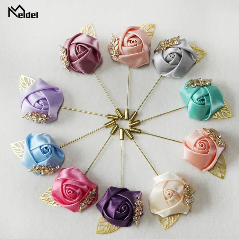 Meldel Groom Boutonniere Men Brooch Pins Silk Rose Wedding Boutonniere Groomsmen Corsage Flowers Prom Party Wedding Boutonnieres
