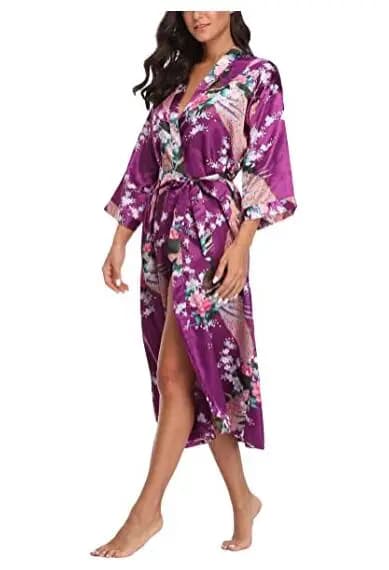 Sexy Lounge Casual Nightdess For Women Sleepwear Female Loose Print Flower Kimono Bathrobe Royal Blue Long Robe Gown With Belt
