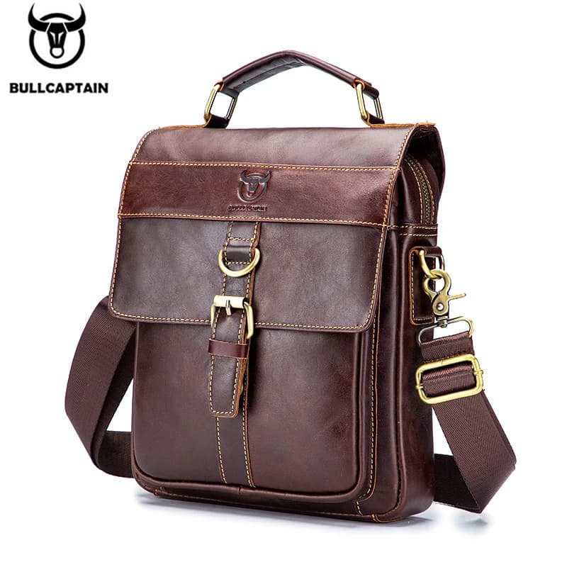 BULLCAPTAIN Men's Leather Shoulder Bag, Retro Business Crossbody Bag, Large Capacity Fashion Casual Youth Student Handbag
