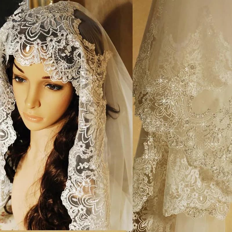 Real Photos White/Ivory Cathedral Wedding Veil 3M One Layer Lace Beads Mantilla Bridal Veils Wedding Accessories Veu De Noiva