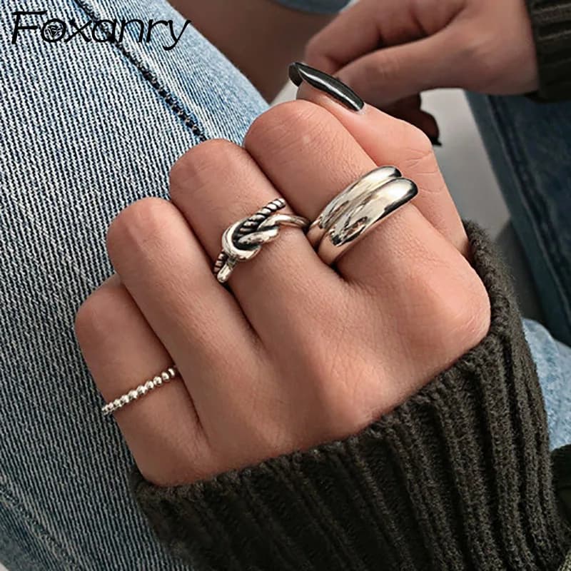Foxanry Minimalist Stamp Finger Rings for Women Creative Vintage Punk Knotted Geometric Party Jewelry Gifts
