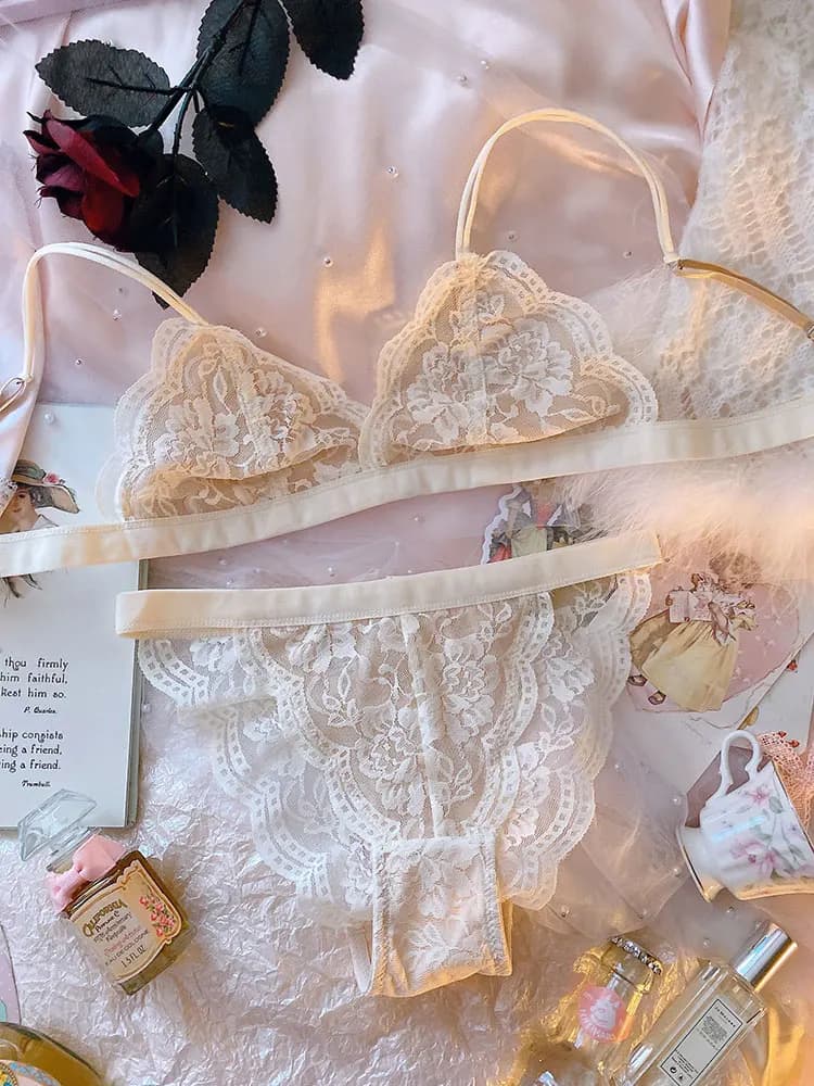 Wriufred Retro girl underwear set champagne ultra-thin gauze transparent lace lingerie sexy no steel ring triangle cup bra set