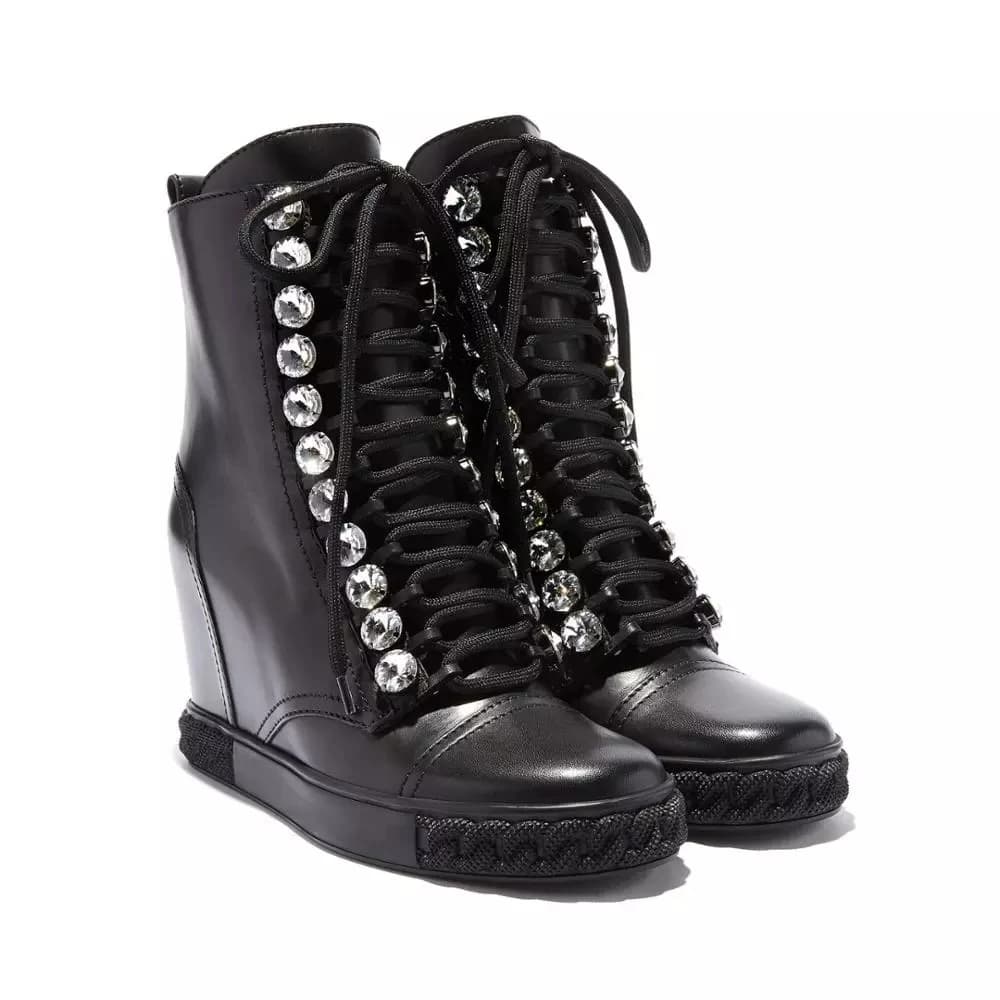 Bling rhinestone embellished lace up ankle boots cow leather inner height increasing woman crystal inner wedge high top sneaker