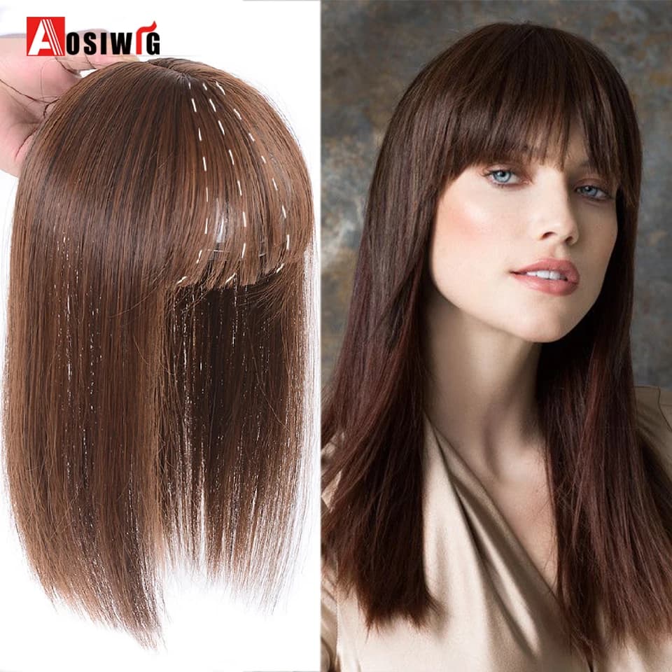 Long Straight Topper Hair Piece With Bangs Invisible Seamless Clip Overhead Toupee Invisible Replacement block Cover White Hair