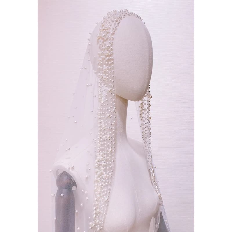 Romantic Trailing Cathedral Wedding Veil One-Layer Pearl Beading Headpiece
