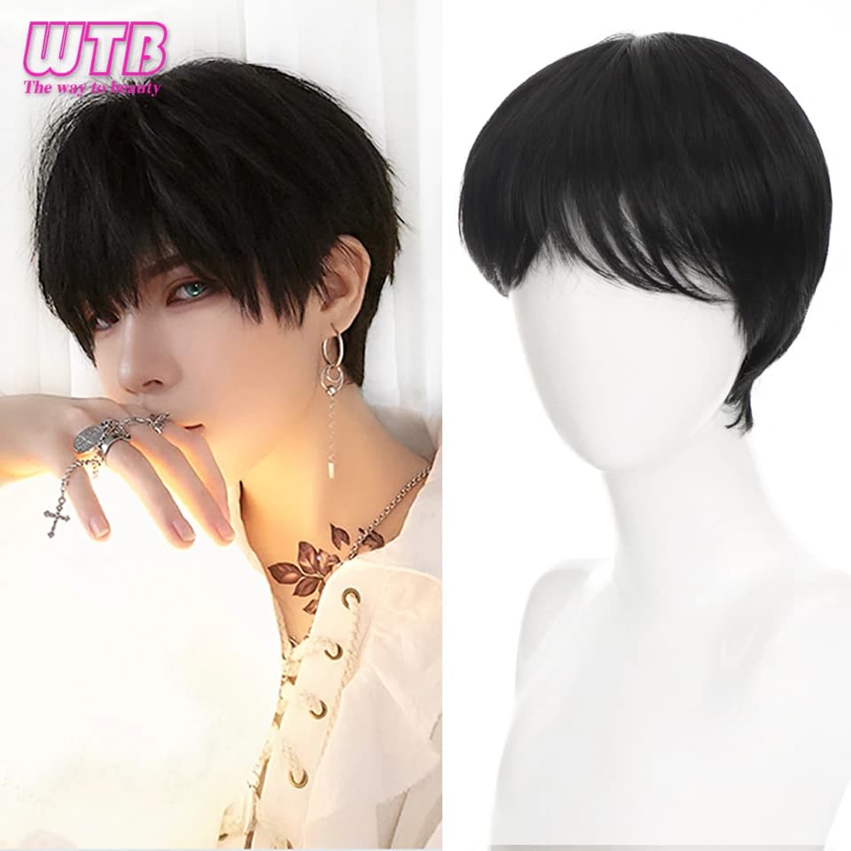 WTB Synthetic Black Wigs Men's Short Straight Wigs with Bangs Blonde Mixed Cosplay Anime Wig Fashion Pixie Cut Daily Use Wigs
