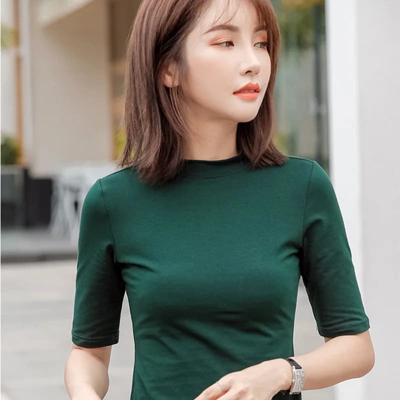 Freeshipping Women Cotton T-shirt High Collar Solid color Lady Tees Half Sleeve Women's clothing All match Female T-shirts