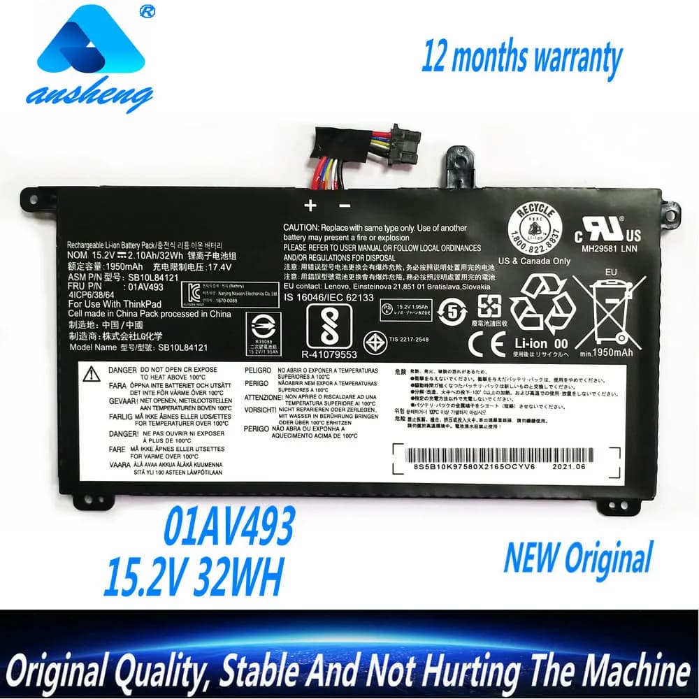 NEW 01AV493 00UR890 00UR891 00UR892 Laptop Battery For Lenovo ThinkPad T570 T580 P51S P52S SB10L84121 15.2V 32WH 1950mAh