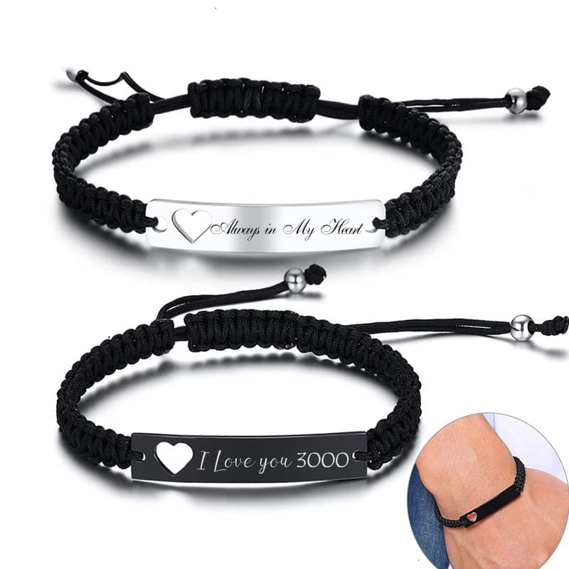 Personalized His and Her Couple Bracelets Hollow Heart Stainless Steel ID Handmade Rope Chain Women Men Unisex Bangle Jewelry
